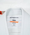 A close up image of the white Featherlight Lightweight Competition Kimono tag containing the brand name and size.